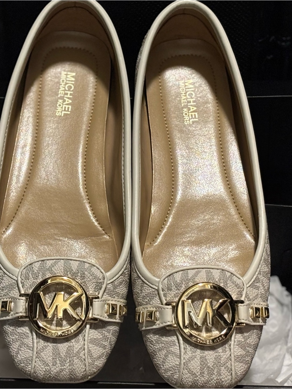Michael Kors Women's Cream Logo Ballet Flats with Gold MK Accent